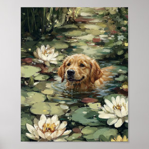 Golden Retriever Welpe Schwimmt Wasserlilien Teich Poster