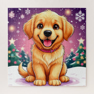 Golden Retriever-Welpe sitzt im Weihnachtsschnee Puzzle