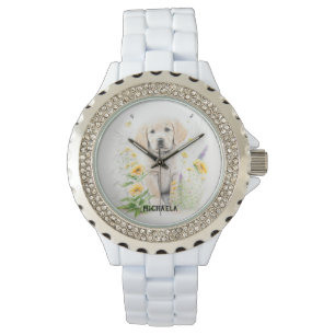 Golden Retriever Welpe und Floraliner Monogrammnam Armbanduhr