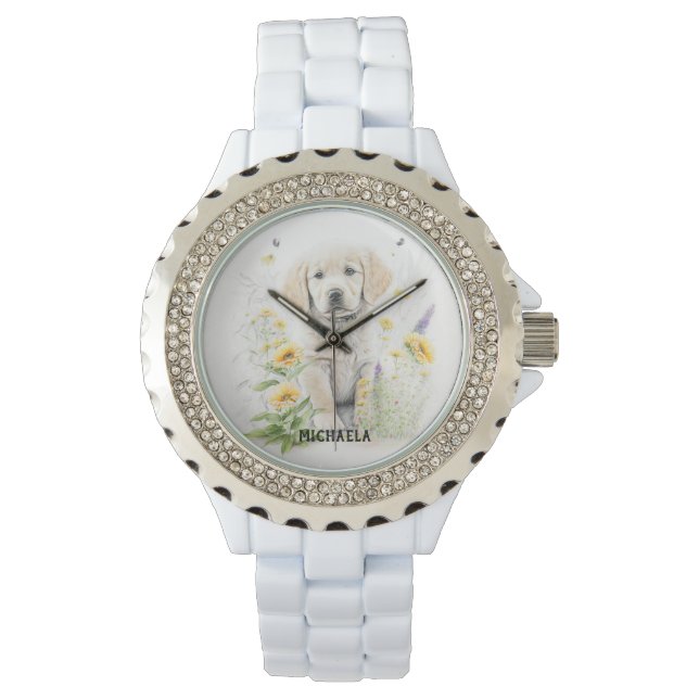 Golden Retriever Welpe und Floraliner Monogrammnam Armbanduhr (Vorderseite)
