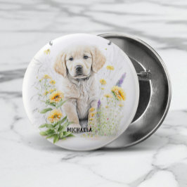 Golden Retriever Welpe und Florals Monogram Name Button