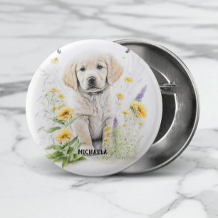 Golden Retriever Welpe und Florals Monogram Name Button