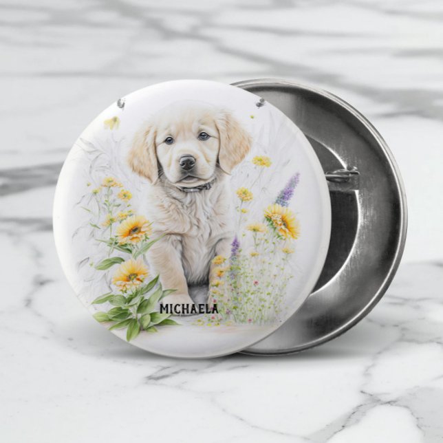 Golden Retriever Welpe und Florals Monogram Name Button (Add the required name to personalize or remove if not required.)
