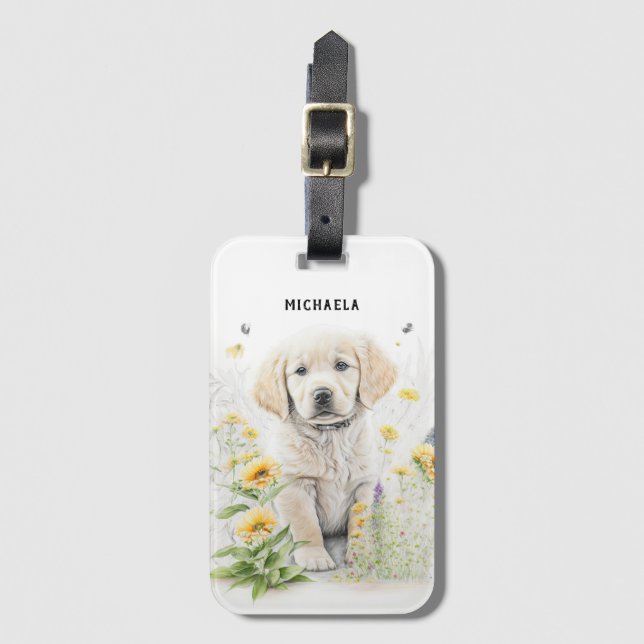 Golden Retriever Welpe und Florals Monogram Name Gepäckanhänger (Vorderseite Vertikal)