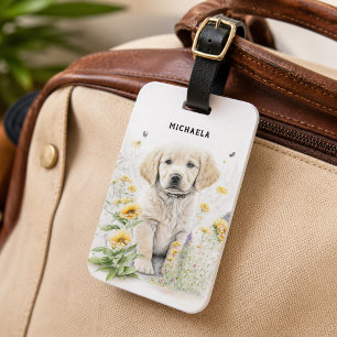 Golden Retriever Welpe und Florals Monogram Name Gepäckanhänger