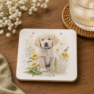 Golden Retriever Welpe und Florals Monogram Name Getränkeuntersetzer