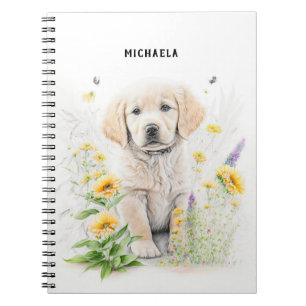 Golden Retriever Welpe und Florals Monogram Name Notizblock