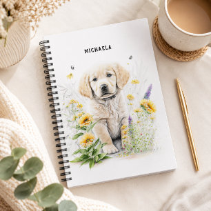 Golden Retriever Welpe und Florals Monogram Name Notizblock