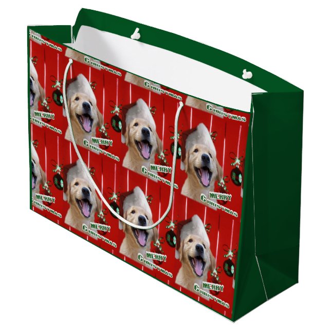 Golden Retriever Welpe Weihnachtswrapping Paper Große Geschenktüte (Rückseite Schrägansicht)