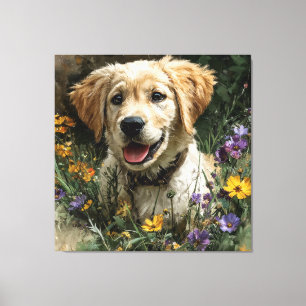 Golden Retriever Welpe Wildblumenwiese Freude Leinwanddruck