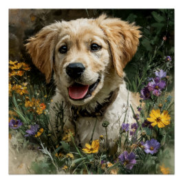 Golden Retriever Welpe Wildblumenwiese Freude Poster