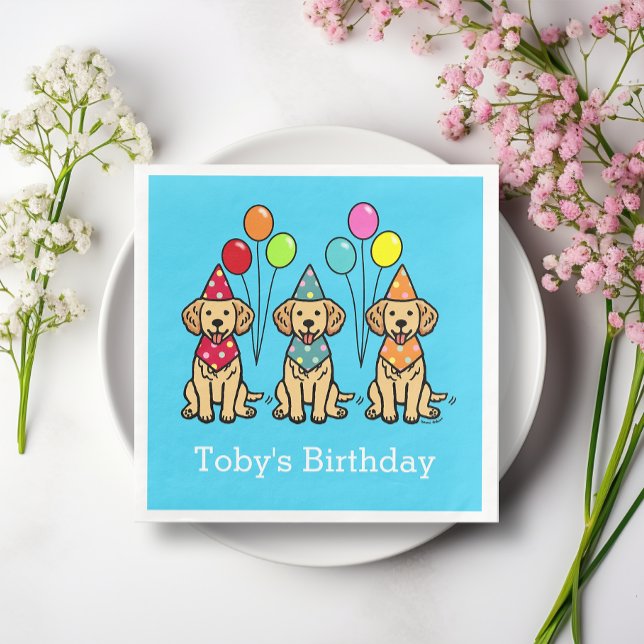 Golden Retriever Welpen Geburtstagspapier Napkins Serviette (Golden Retriever Puppies Birthday Paper Napkins.  Cute Golden Retriever Cartoon Design for Birthday!)