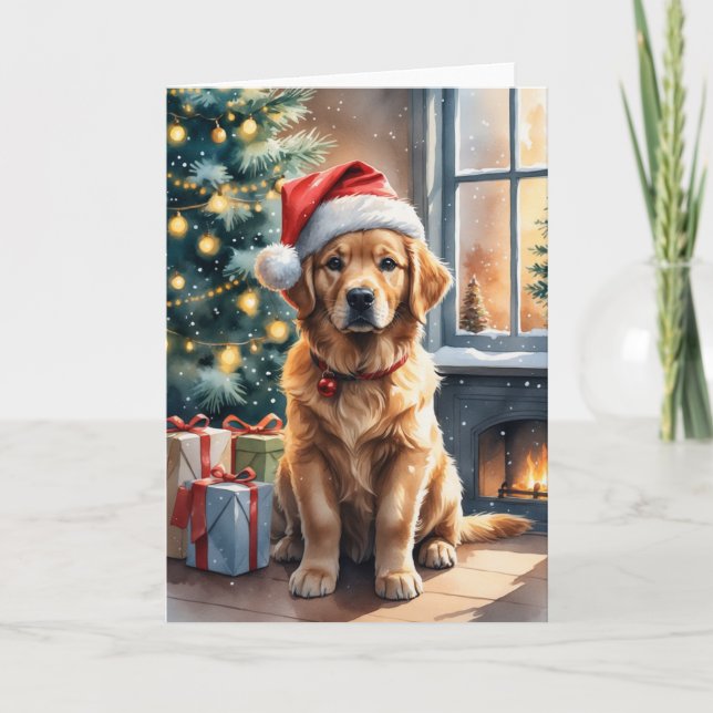 Golden Retriever Welppy by Christmas Tree Holiday Karte (Vorderseite)