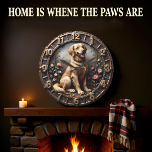 Golden Retriever Wiese Bronze Stil Große Wanduhr