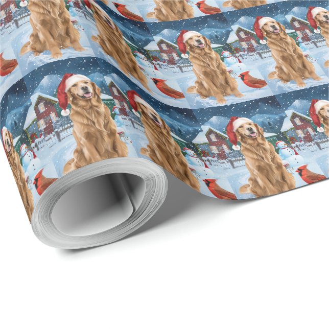 Golden Retriever Winter Wunderland Weihnachtsfreud Geschenkpapier (Rolleneckpunkt)