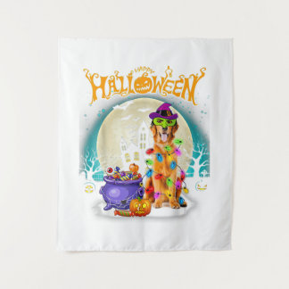 Golden Retriever Witch Costumes Halloween Lights Wandteppich