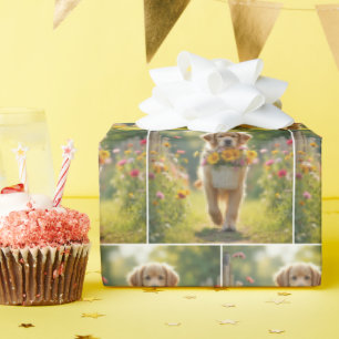 Golden Retriever zu Fuß mit einem Blume-Korb Geschenkpapier