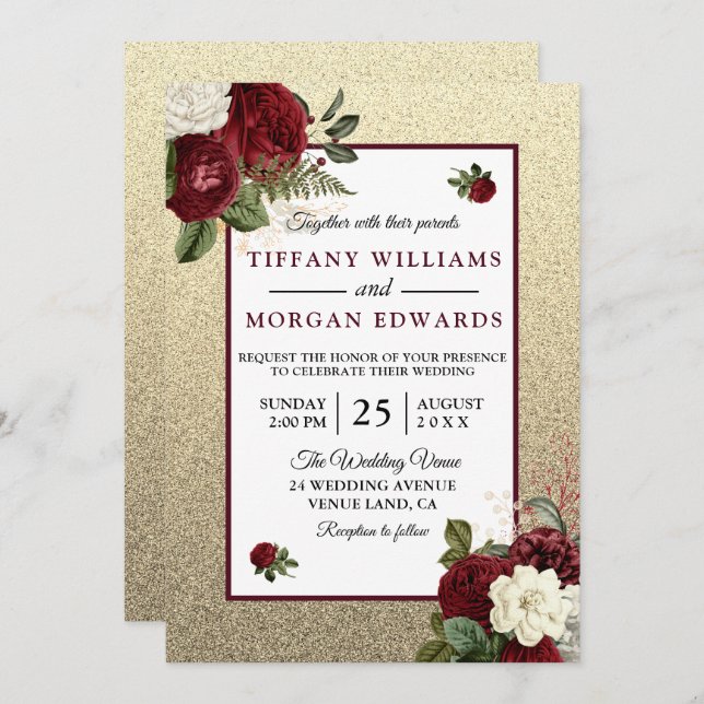 Golden Romantic Burgundy Floral Wedite Einladung (Vorne/Hinten)