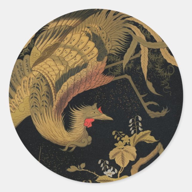 Golden Rooster Bird Japanisch Klassische Antike Runder Aufkleber (Vorderseite)