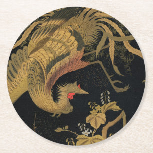 Golden Rooster Bird Japanisch Klassische Antike Runder Pappuntersetzer