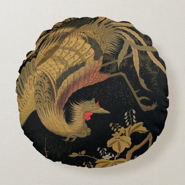 Golden Rooster Bird Japanisch Klassische Antike Rundes Kissen (Vorderseite)