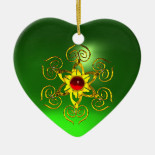 GOLDEN ROSE RUBY, Green Emerald Heart Keramik Ornament