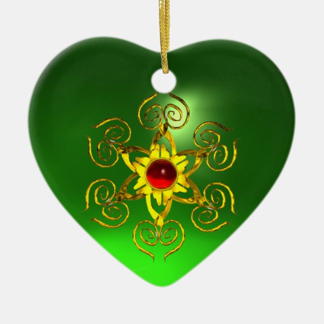 GOLDEN ROSE RUBY, Green Emerald Heart Keramik Ornament (Vorne)