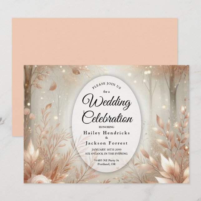 Golden Rosewood Enchanted Forest Wedding Einladung (Vorne/Hinten)