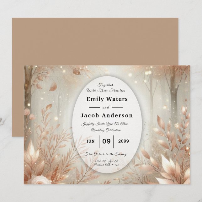 Golden Rosewood Enchanted Forest Wedding Einladung (Vorne/Hinten)