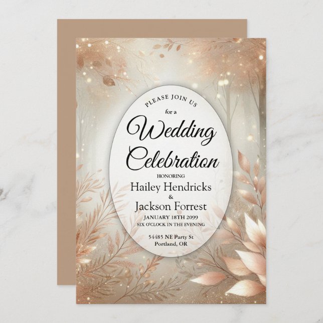 Golden Rosewood Enchanted Forest Wedding Einladung (Vorne/Hinten)