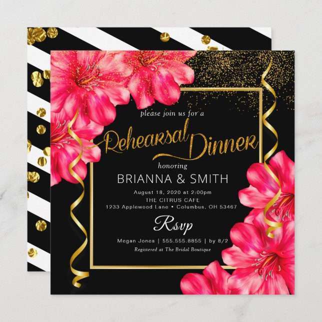 Golden Rosy Floral Calligraphy Probe Dinner Einladung (Vorne/Hinten)