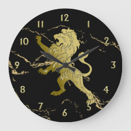 Golden Royal Lion on Black Marble w Gold Zahlen Große Wanduhr