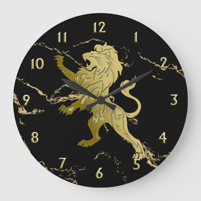 Golden Royal Lion on Black Marble w Gold Zahlen Große Wanduhr (Vorderseite)