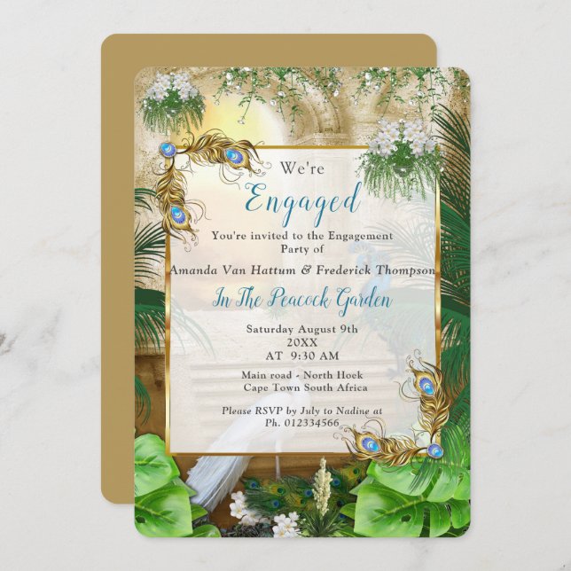 Golden Royal Peacock Tempel Einladung (Vorne/Hinten)