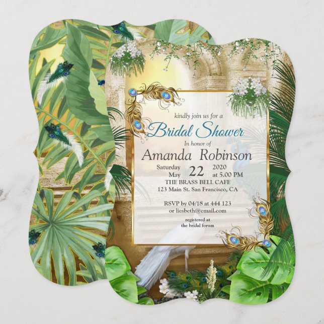 Golden Royal Peacock Tempel Einladung (Vorne/Hinten)