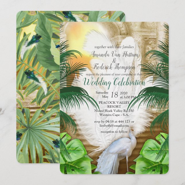 Golden Royal White Peacock Feathers Einladung (Vorne/Hinten)