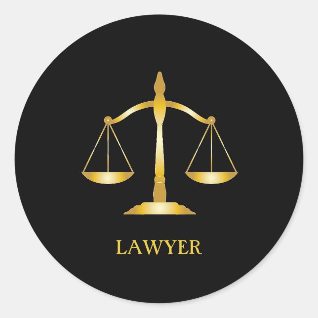 Golden Scales of Justice Lawyer auf Black Classic  Runder Aufkleber (Vorderseite)