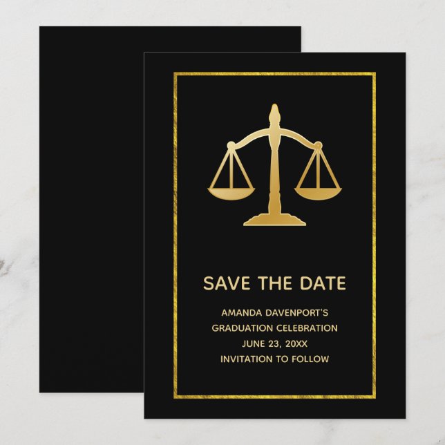 Golden Scales of Justice Theme Abschluss Save The Date (Vorne/Hinten)