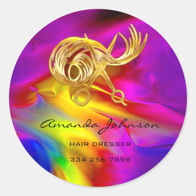 Golden Scissors Logo Hair Dresser Stylist Holograp Runder Aufkleber (Vorderseite)