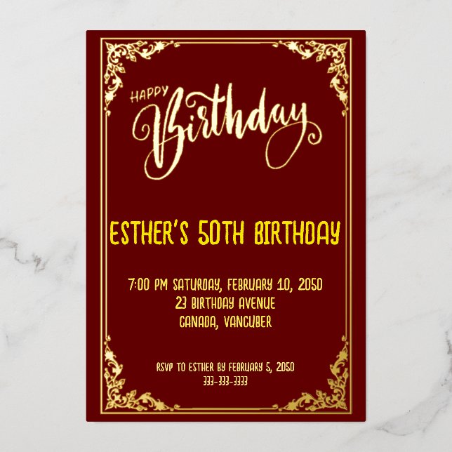 Golden Script Birthday Party Einladung (Vorderseite)