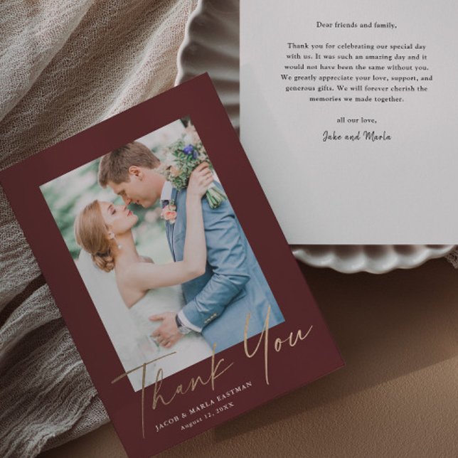 Golden Script Foto Hochzeit danke Ihnen moderne mi (Elegant gold script wedding photo thank you cards.)