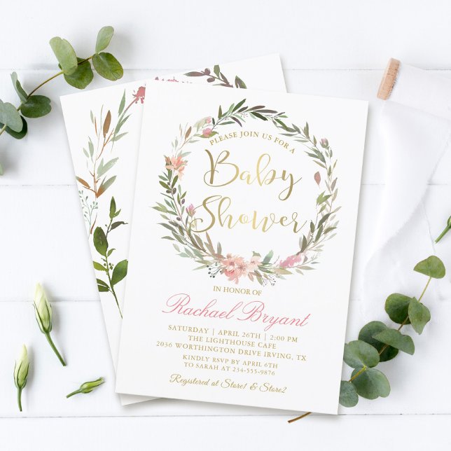 Golden Script Greenery Bloral Wreath Baby Shower Einladung (Von Creator hochgeladen)