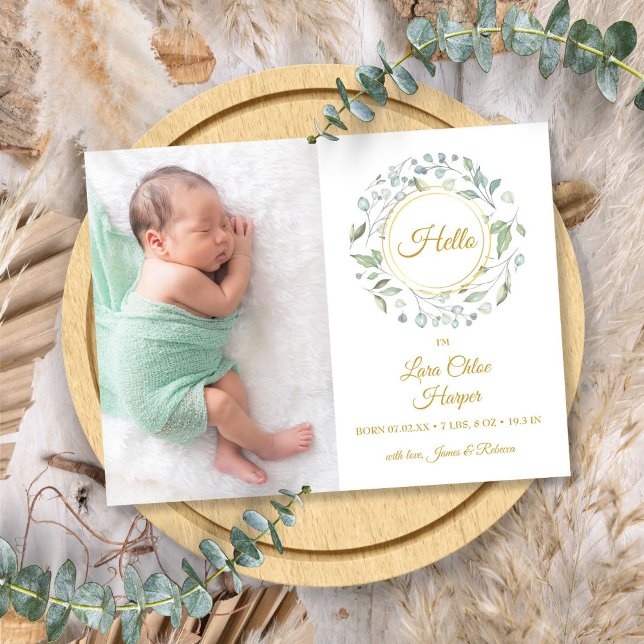 Golden Script Hallo Foto Grüne Floral Birth Ankündigungspostkarte (Gold Script Hello Photo Greenery Floral Birth Announcement Postcard)