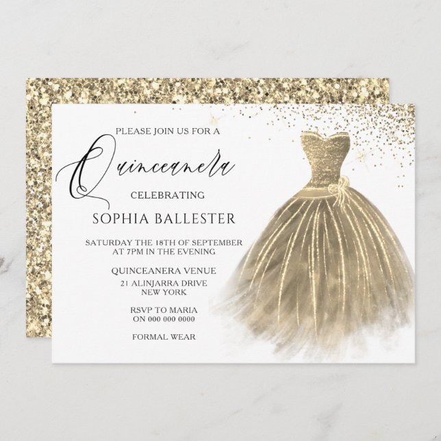 Golden Sepia Gold Glitzer Gourmet Kleid Quinceaner Einladung (Vorne/Hinten)