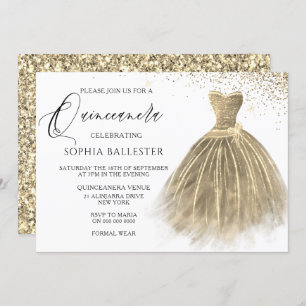 Golden Sepia Gold Glitzer Gourmet Kleid Quinceaner Einladung