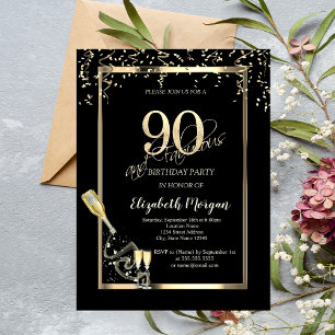 Golden Sequins, Weinglas Flasche 90. Geburtstag Einladung