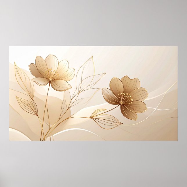 Golden Serenity: Minimalist Floral Line Art in Cha Poster (Vorne)