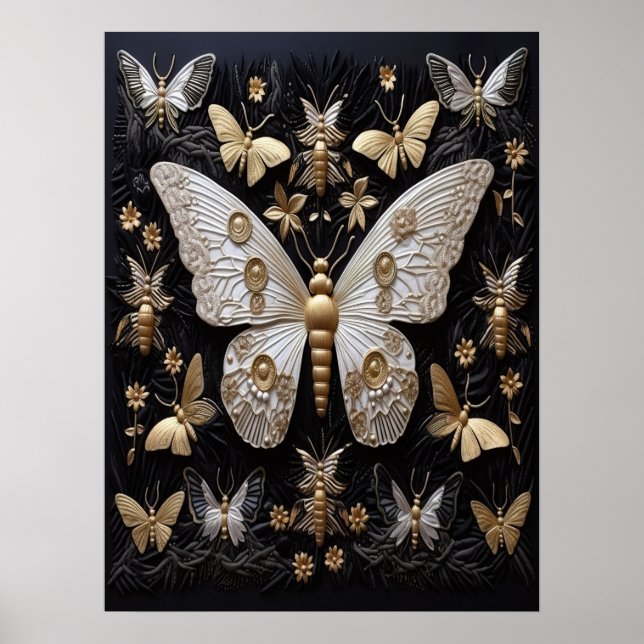 Golden Silver Fantasy Moths Dunkler Kern Poster (Vorne)