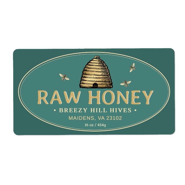 Golden Skep mit Honigbienen-Roh Honey Label Aquama (Vorne)