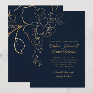 Golden Sketched Rose auf Dark Blue Wedding Einladung